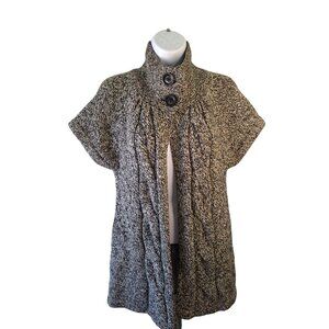 Kasper Cardigan PM Black White Marled Knit Short Sleeve Button Cowl Neck